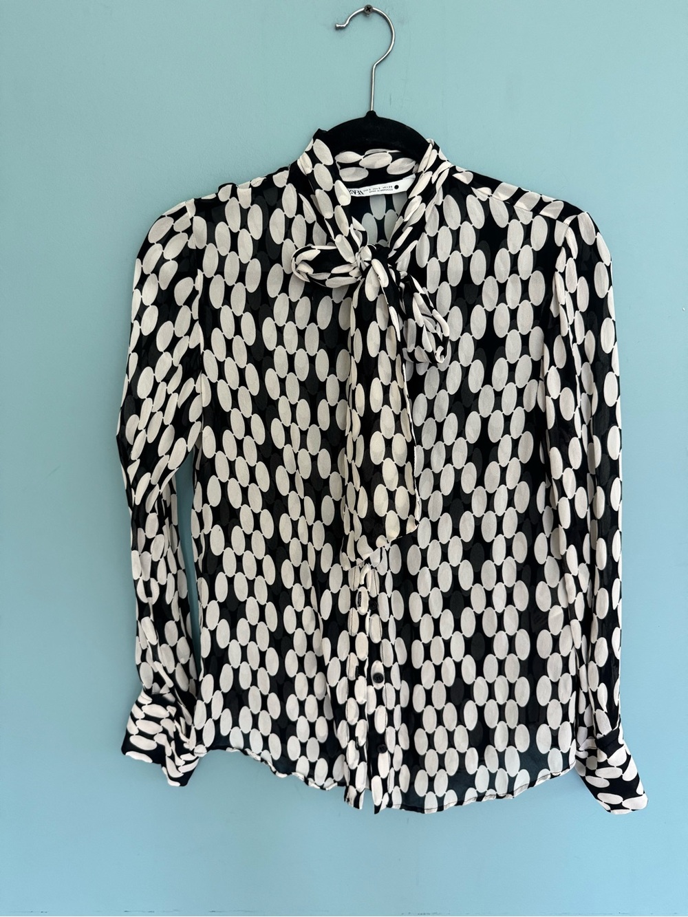 Zara Black and White Bow-Tie Geometric Sheer Blouse